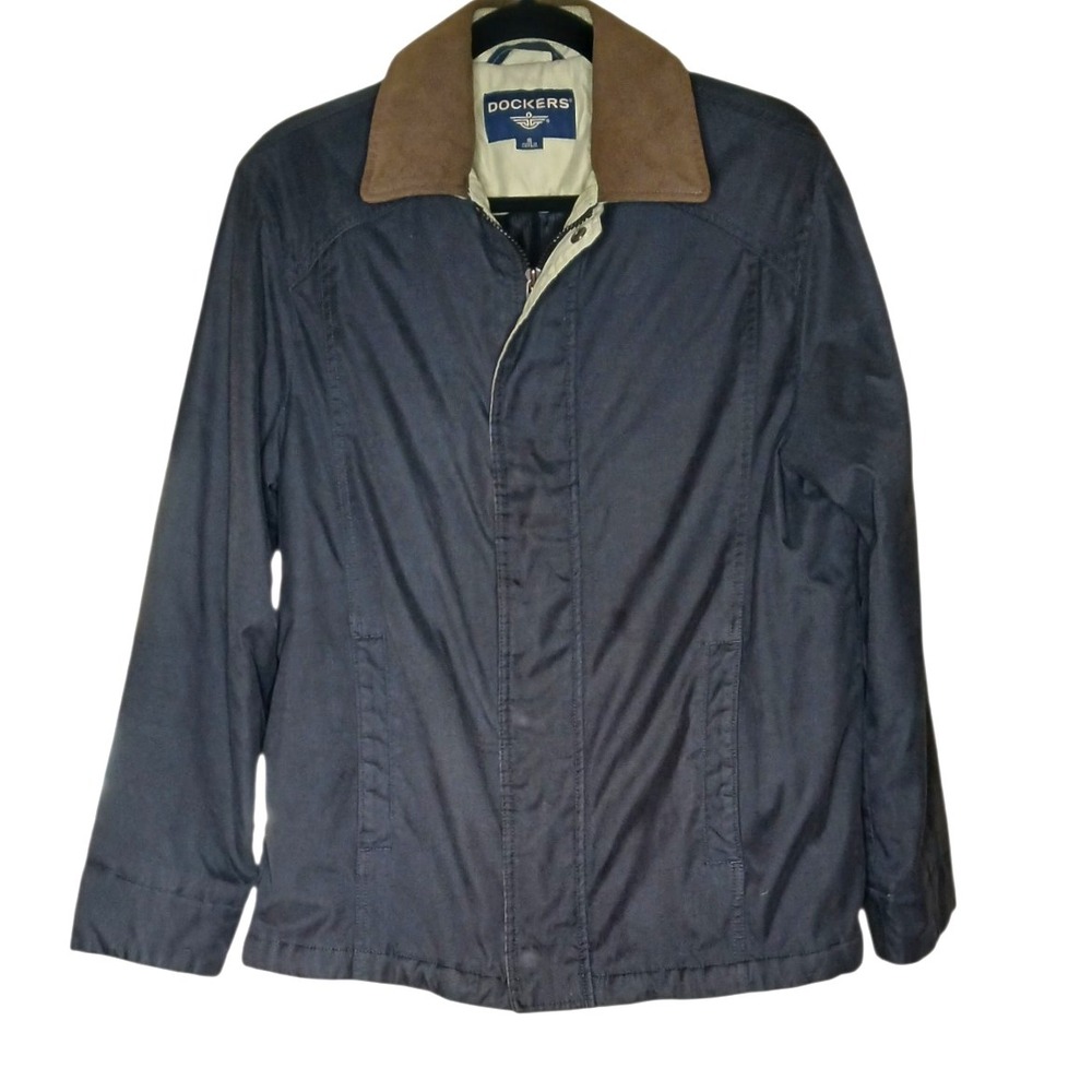Dockers Men's S Car Coat Jacket Navy Brown Collar Quilted Lined Zip Front Casual